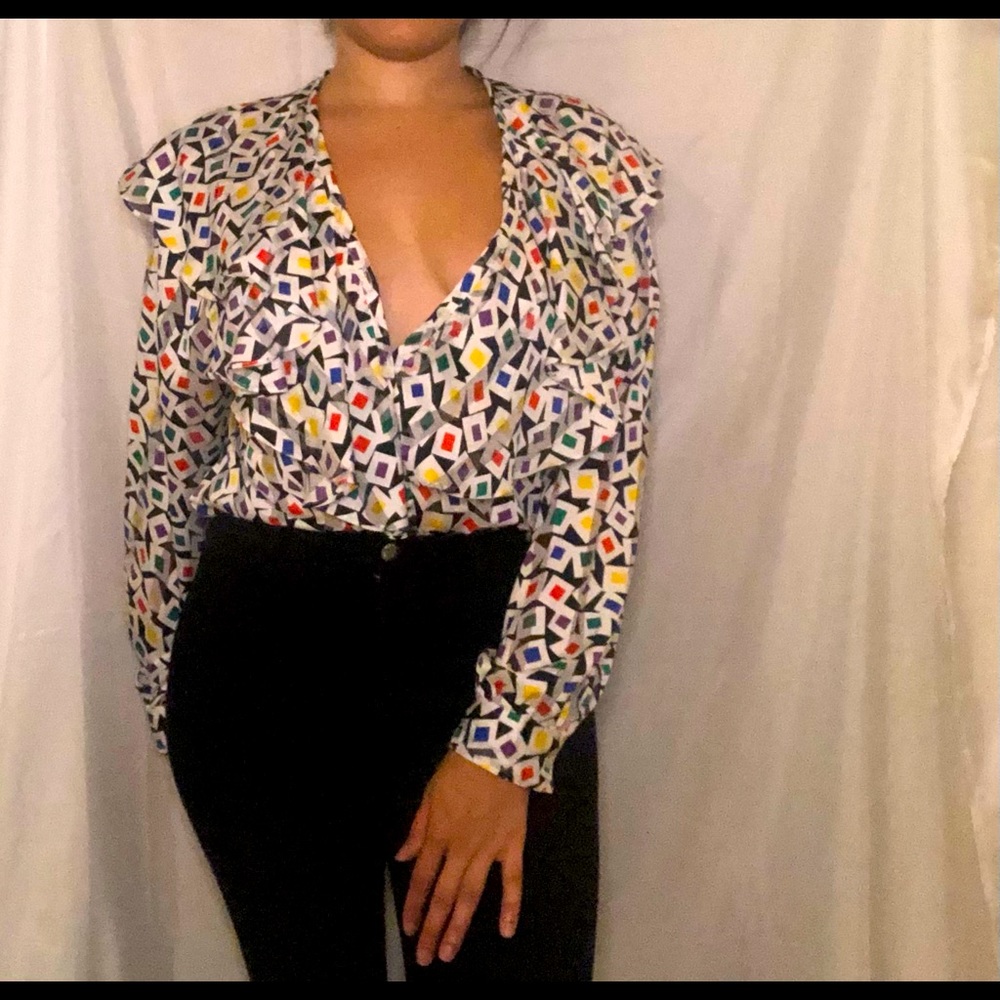 Ruffled Colorful Button Up V Neck Blouse